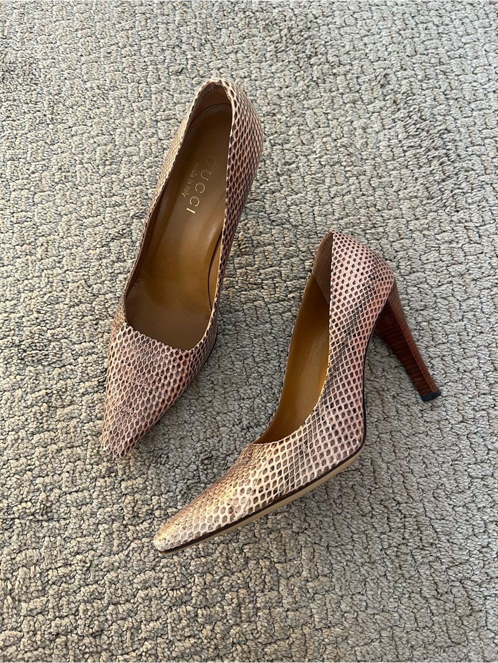 Gucci Blush Pinkish Beige Snakeskin Pointed High Heels